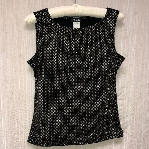 MSK S Evening Metallic Gold Silver on Black Sleeveless Tank Top - Picture 1 of 8